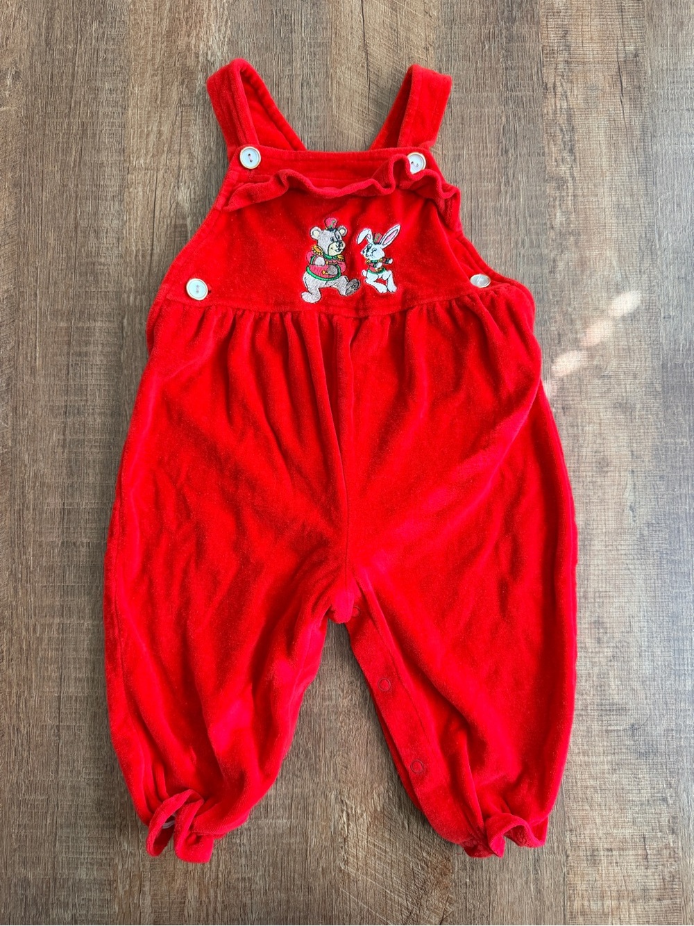 Vintage Red Overalls with Bunny & Bear Embroidery